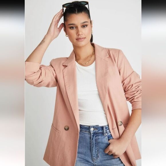 NWOT FORE Linen Blend Double Breasted Lined Long Line Blazer Small - Picture 2 of 5